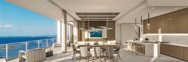 a view of a dining room with furniture window and outside view