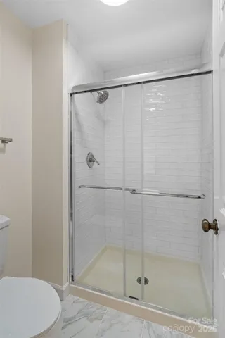 a bathroom with a shower and a toilet
