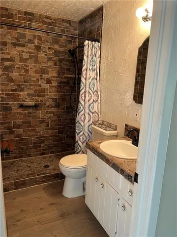 a bathroom with a granite countertop toilet and a sink