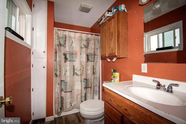 a bathroom with a sink a toilet a mirror and shower