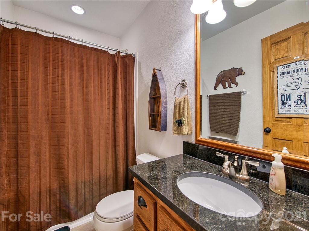 273 Mellow Springs Road Waynesville, NC 28786 - Photo 23 of 40 a bathroom with a granite countertop sink vanity mirror and a toilet