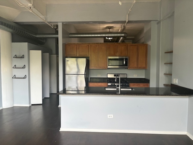 2323 West Pershing Road, Unit 222 Chicago, IL 60609 - Photo 6 of 16 a kitchen with a refrigerator and a wooden floor