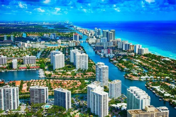 a view of a city and tall buildings