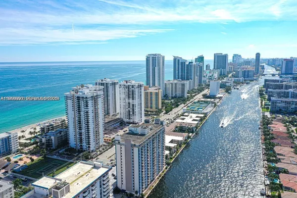 a city view with tall buildings