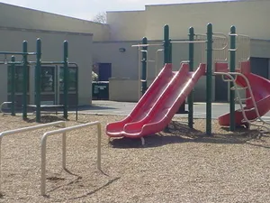 a view of a gallery with a slide