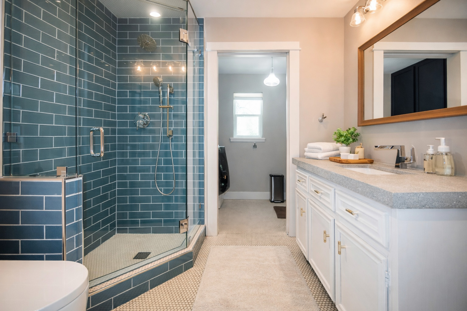 3618 Quiette Drive Austin, TX 78754 - Photo 14 of 37 Bathroom featuring a shower stall, vanity, light tile patterned floors, and washer / dryer