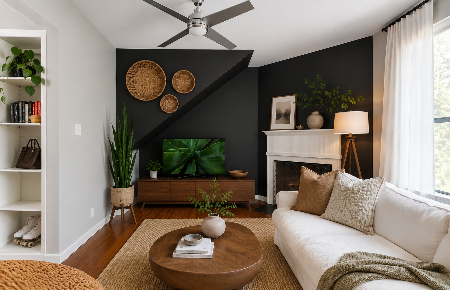 611 East 45th Street, Unit 25 Austin, TX 78751 - Photo 8 of 21 Living area featuring wood-finish flooring, a white mantel, and a ceiling fan with integrated lighting