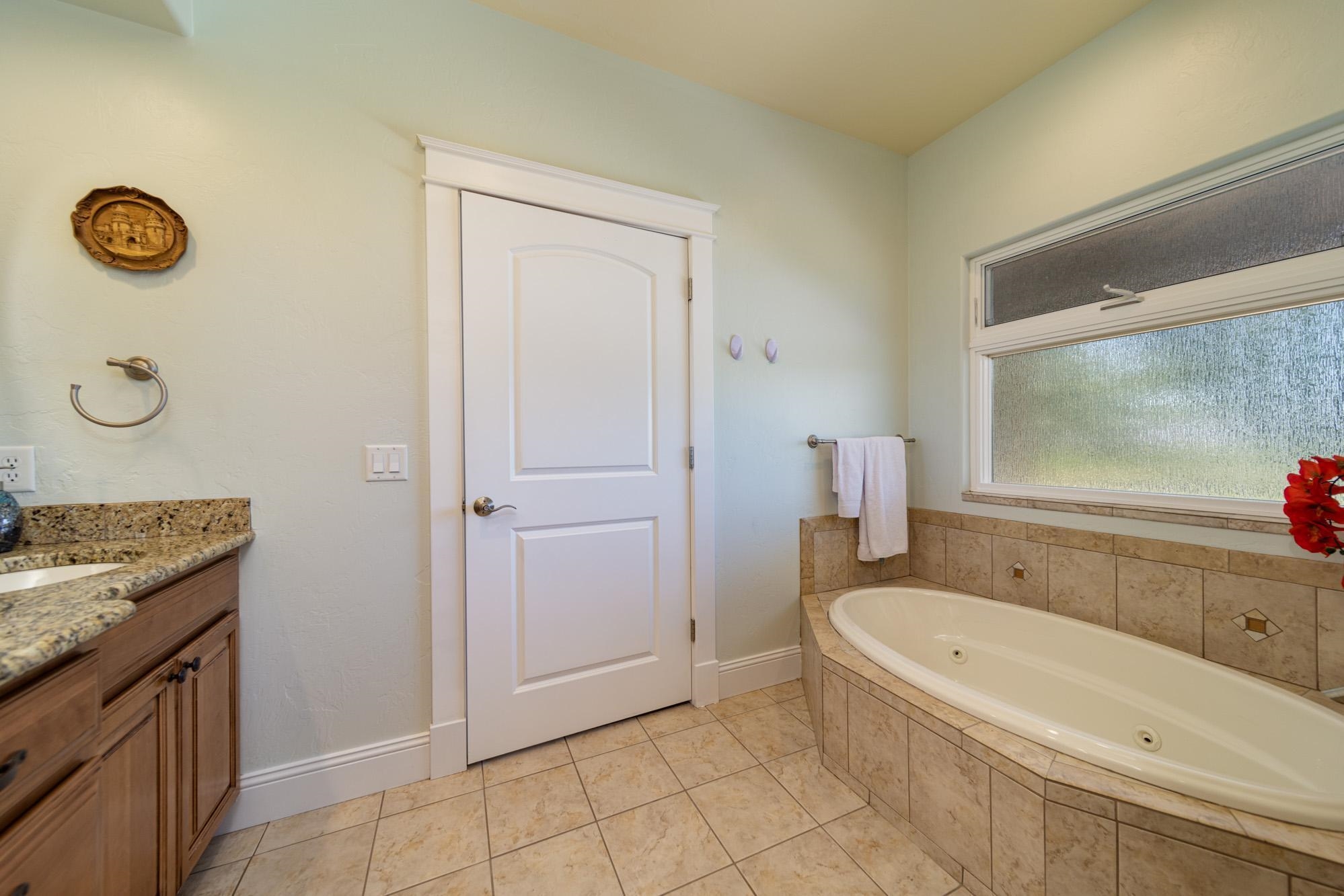 1371 Saddle Ridge Road Loma, CO 81524 - Photo 22 of 42 a bathroom with a granite countertop sink a mirror and a bathtub