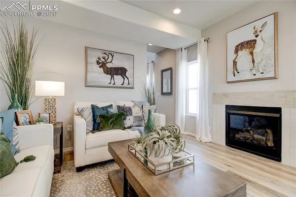 a living room with furniture and a fireplace