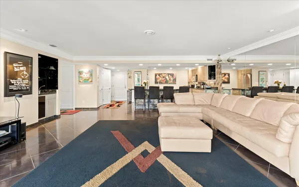 a view of a terrace with a garden and trees