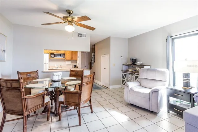a view of a dining room with furniture
