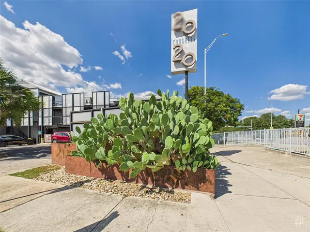 a view of a street with potted plants