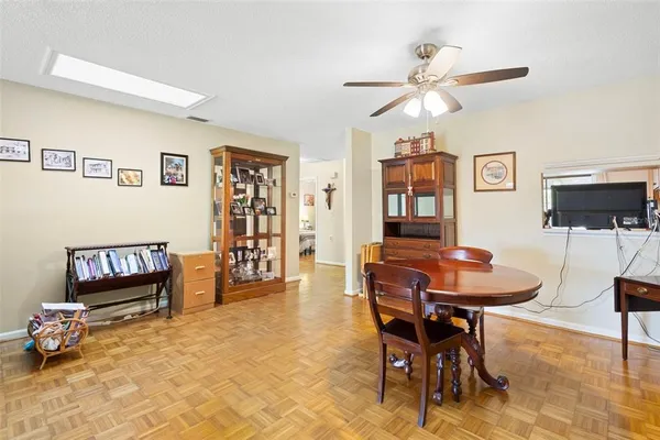 a view of a dining room with furniture