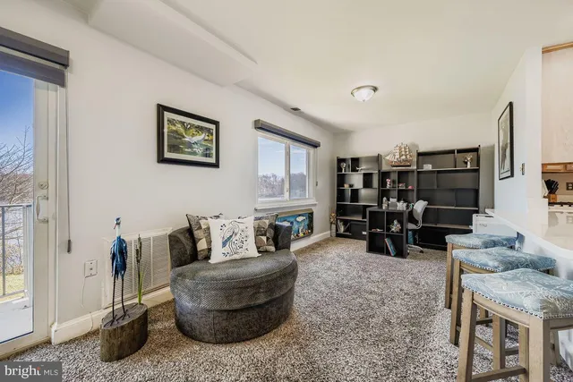 a living room with furniture and large windows