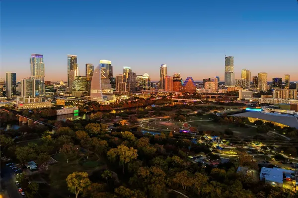 a city view with tall buildings