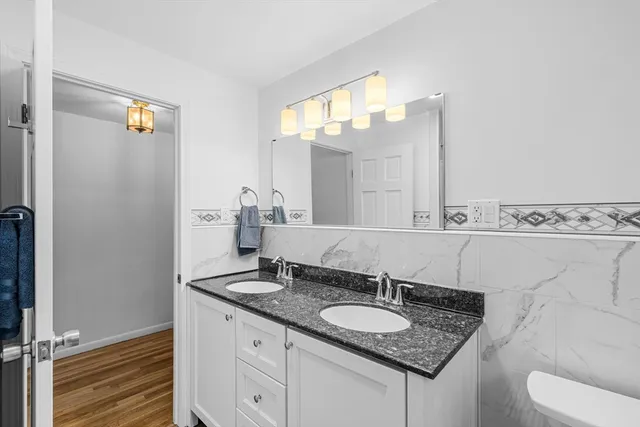 a bathroom with a granite countertop sink and a mirror
