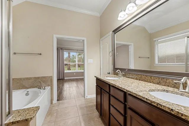 a bathroom with a granite countertop bathtub a double vanity sink and a mirror