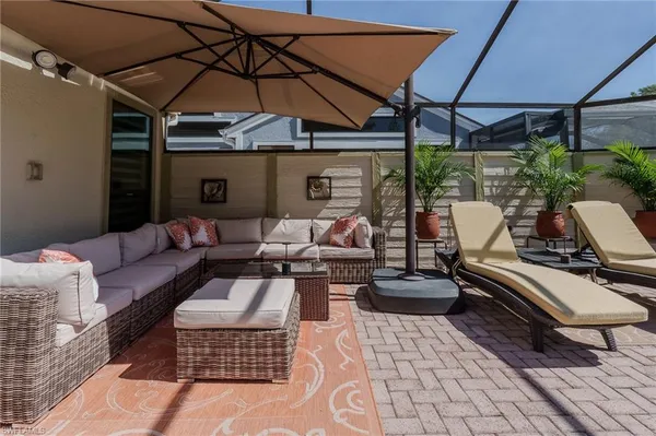 a garden view with a seating space