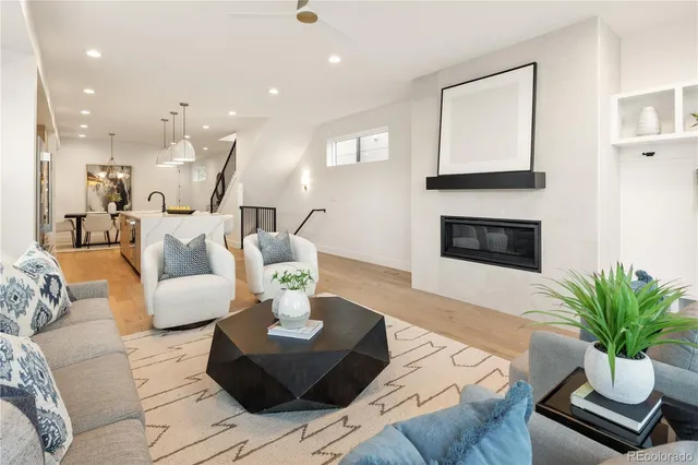 a living room with furniture fireplace and a potted plant