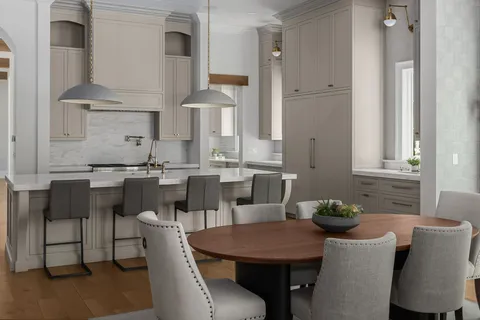 a view of a dining room with furniture