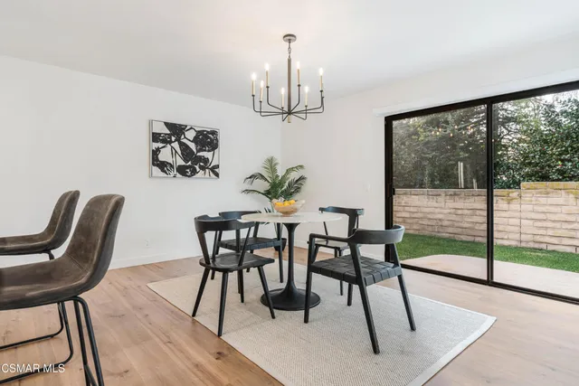 a view of a dining room with furniture wooden floor and chandelier