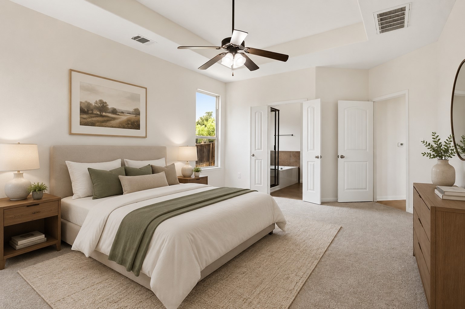 304 Santa Maria Street Georgetown, TX 78628 - Photo 10 of 37 A tranquil primary bedroom with a vaulted ceiling and direct access to a spa-like ensuite. Virtually Staged.