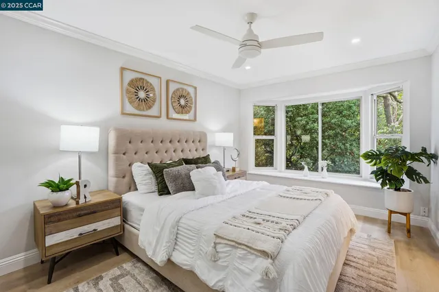 a bedroom with a bed potted plant and a large window