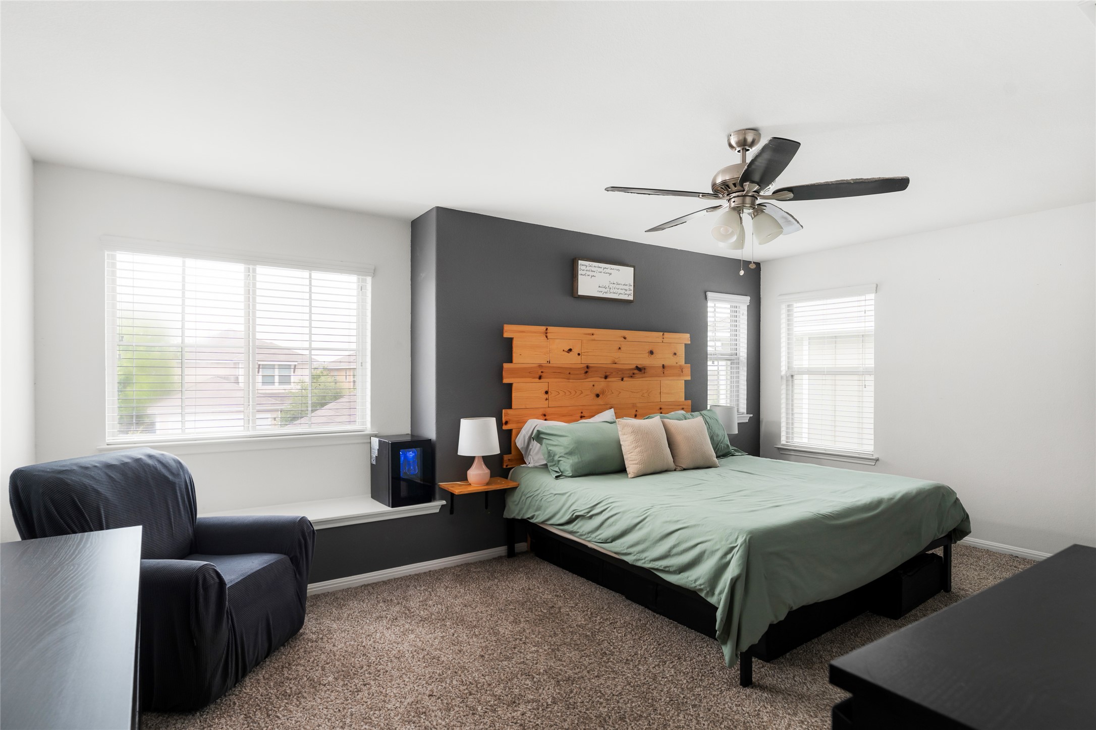 249 Wapiti Road Buda, TX 78610 - Photo 12 of 21 Well-lit bedroom features soft carpeting, a stylish wood headboard, and abundant natural light from multiple windows.