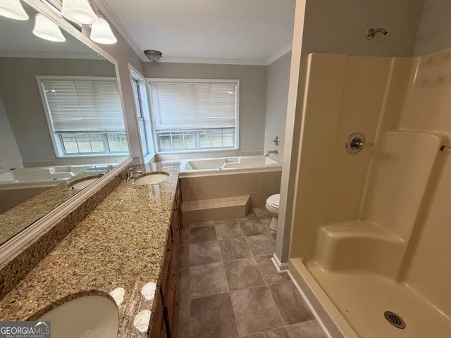 a bathroom with a granite countertop bathtub shower sink and vanity
