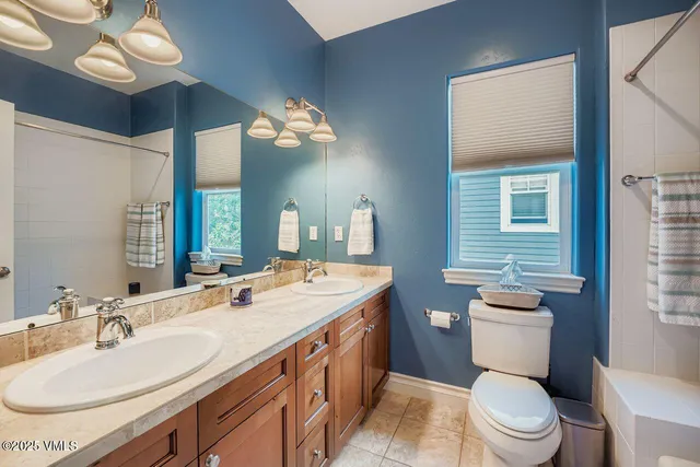 a bathroom with a double vanity sink a toilet and a mirror