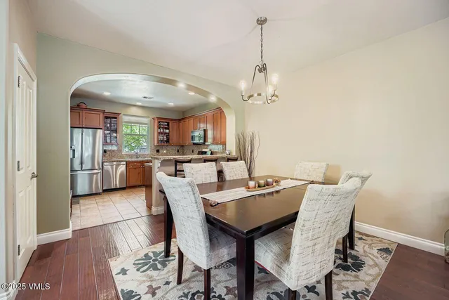 a view of a dining room with furniture