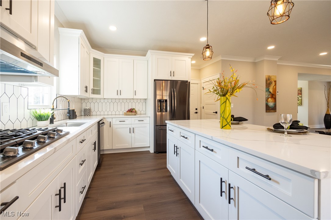 2443 Rockefeller Road Wickliffe, OH 44092 - Photo 6 of 41 Kitchen featuring dark hardwood / wood-style flooring, white cabinets, decorative light fixtures, and backsplash