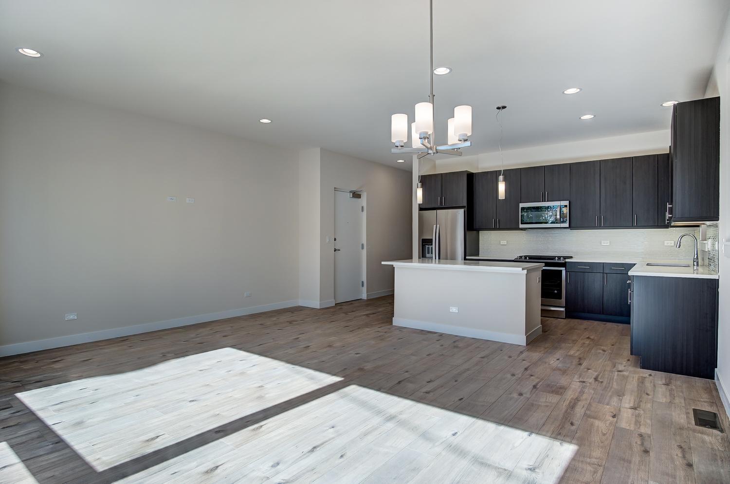 2532 West Addison Street, Unit 1W Chicago, IL 60618 - Photo 2 of 24 a kitchen with kitchen island a sink stainless steel appliances and cabinets