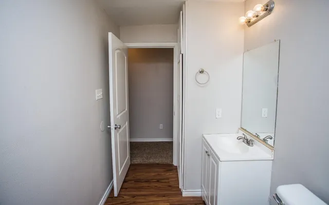 a bathroom with a sink and mirror with toilet
