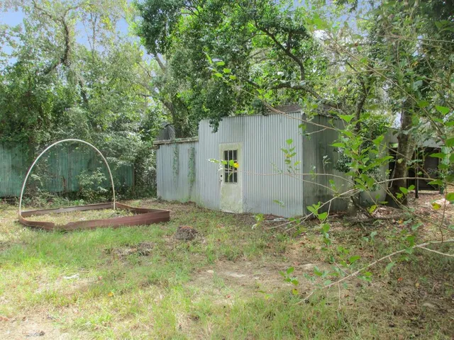 a backyard of a house with plants and trees