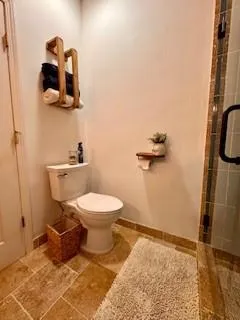 a bathroom with a toilet and a shower