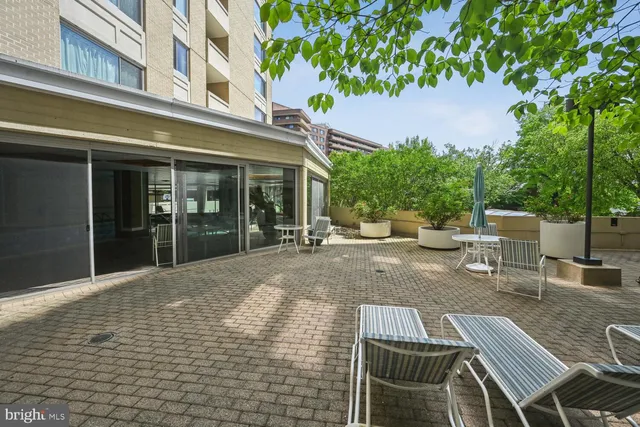 a view of a patio with table and chairs potted plants and a large tree