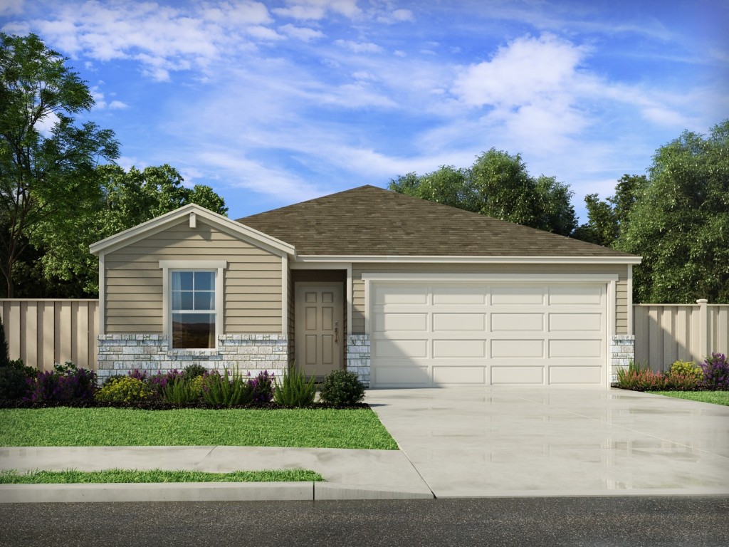 121 Honey Bee Road Jarrell, TX 76537 - Photo 2 of 10 View of front of house with stone siding, roof with shingles, concrete driveway, and an attached garage