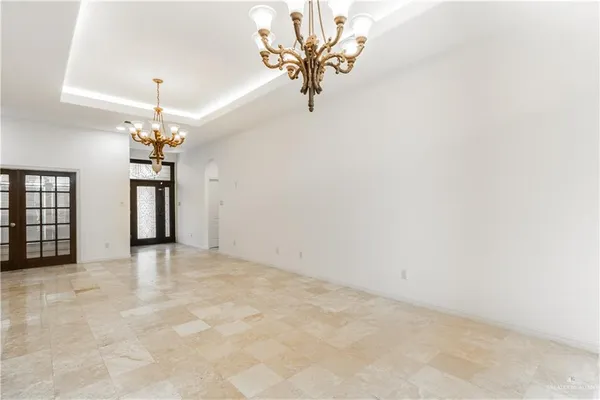 a view of a chandelier in a room