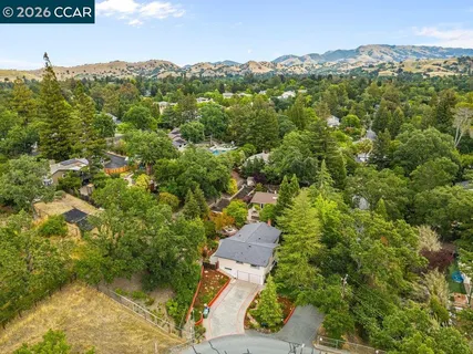 an aerial view of residential houses with outdoor space and trees