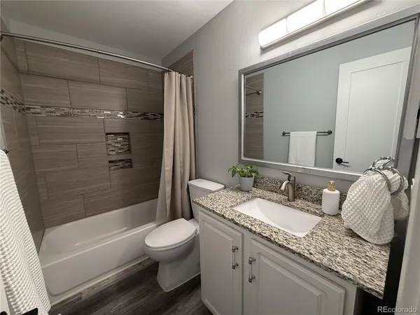 a bathroom with a granite countertop sink toilet and shower