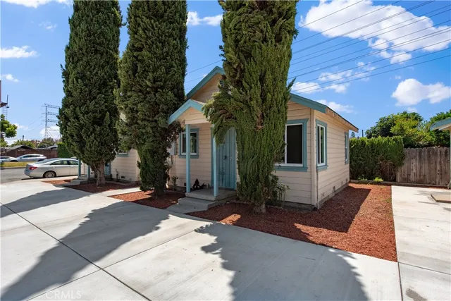 a row of palm trees in front of a house