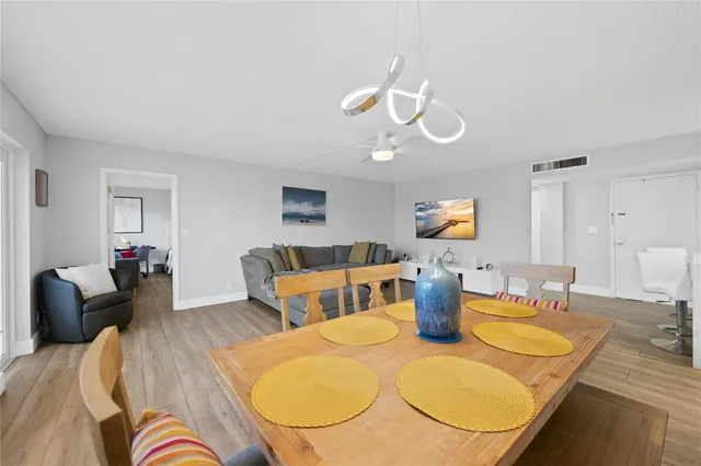 a view of a dining room with furniture