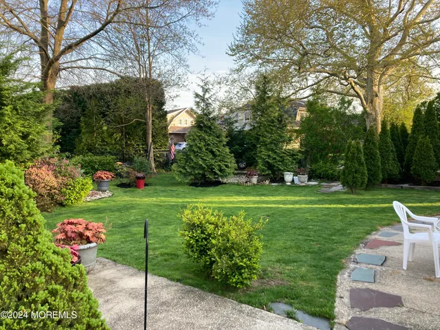 a garden with flowers and trees
