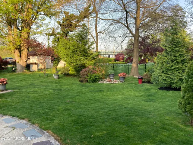 a view of a park with large trees