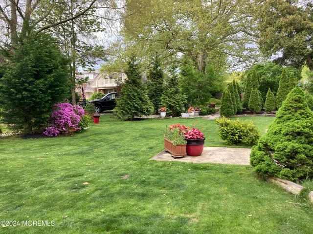 a garden view with a seating space