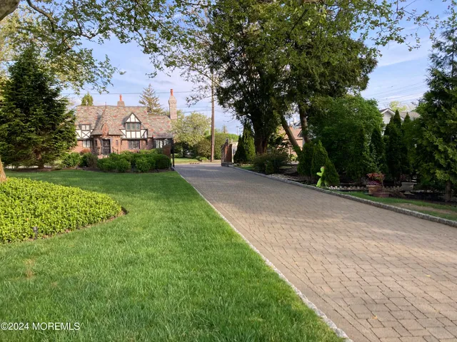 a view of a park with large trees