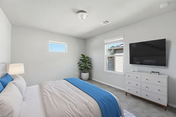 a bedroom with a bed and a flat screen tv