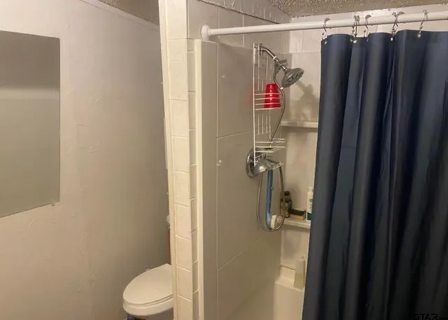 a bathroom with a shower a toilet and sink