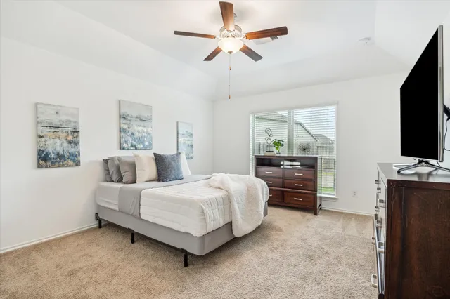 a bedroom with a bed and a flat screen tv